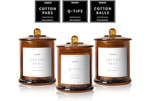 Ronasip 3 Pack Qtip Holder Dispenser, 16oz Bathroom Organizer and Storage Canisters, Glass Apothecary Jars with Lid - Home Decor, Room Decor Aesthetic (Amber)
