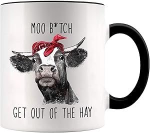 YouNique Designs Cow Mug, 11 Ounces, Cow Gifts For Cow Lovers, Cow Cup, Cow Coffee Mug (Black Handle)