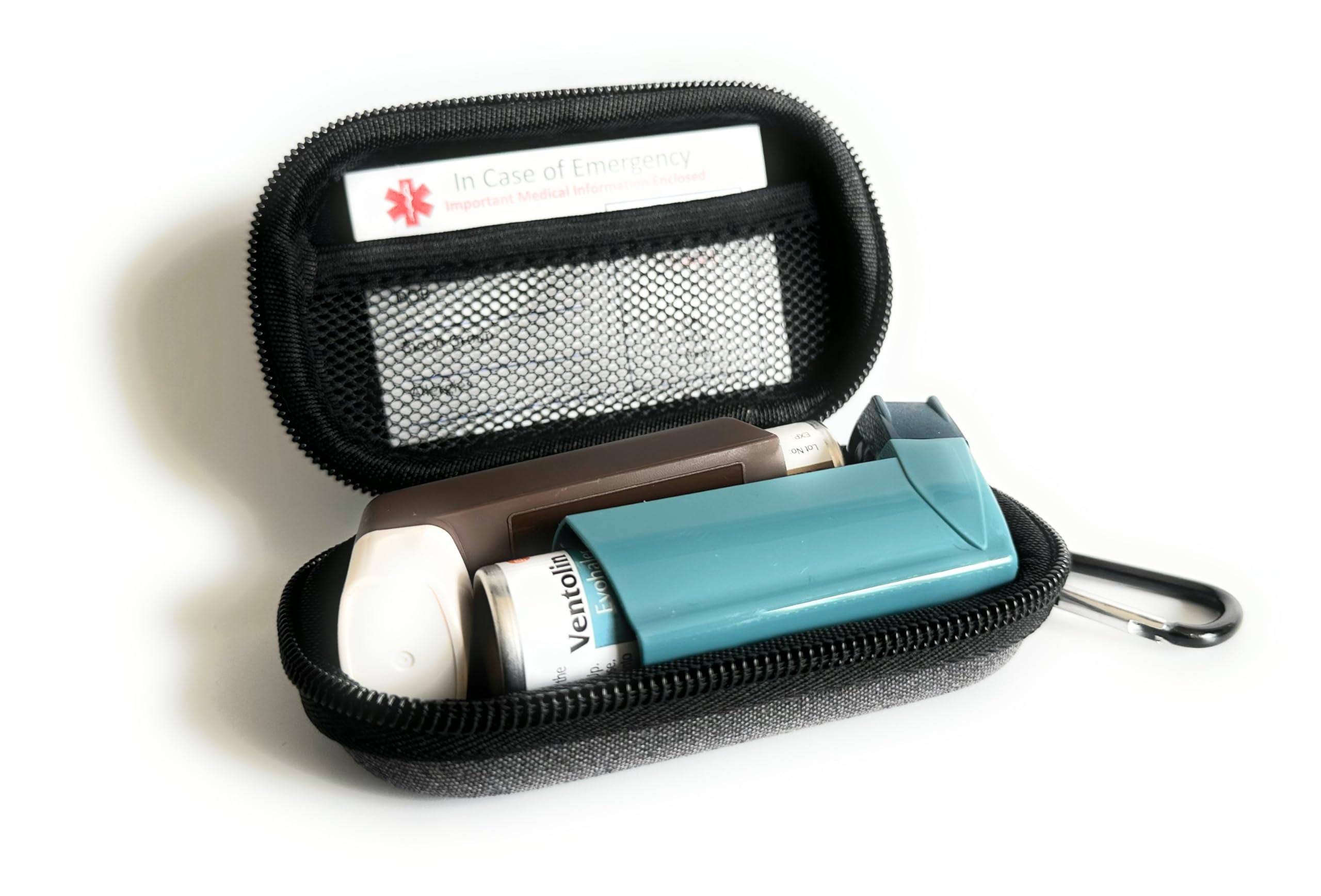 ICE Medical Inhaler Hard EVA Case/Pouch- for 2 Inhalers - Medication - Clip on Belt, Asthma Bag, Perfect for School, Travel, Holiday, Hiking, Walking, Running (Grey)