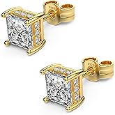 TATCAI 18K White Gold Plated Sterling Silver Princess Cut Square Cubic Zirconia Stud Earrings for Women Men Clear CZ Diamond Stud Earrings