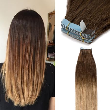 TESS Tape Extensions Echthaar Klebeband Haarverlängerung 18 Inch 20pcs Glatt Remy Tape in Extensions Schokobraun/Dunkelblond 
