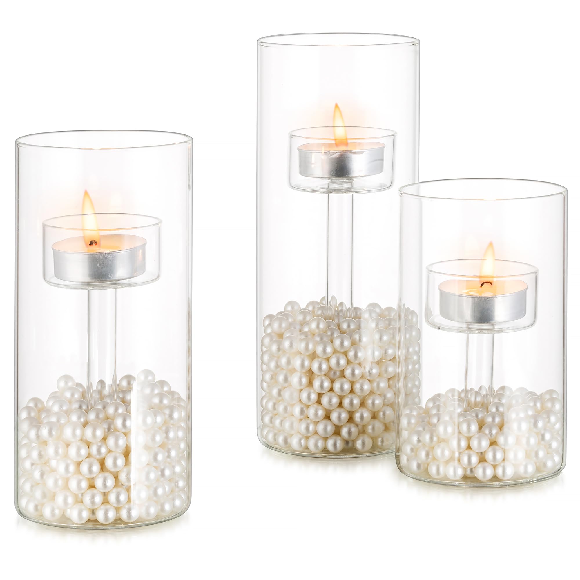Inweder Hurricane Glass Candle Holder Set of 3 Clear Tea Light Holder Creative Glass Tea Light Candle Holders For Home Decor Wedding Party decorations Dining Table Centrepiece Fits Standard TeaLight