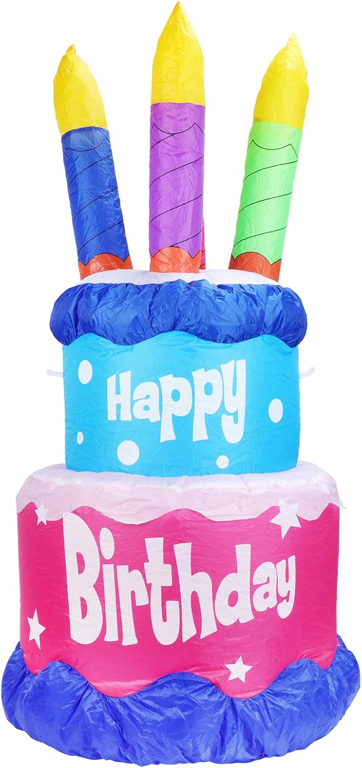MUMTOP 4 Foot Tall Inflatable Happy Birthday Cake with 4 Candle Indoor Outdoor LED Light Holiday Decorations, Blow up Lighted Garden Decor, Lawn Inflatable Home Yard Party Favor Decoration: Garden & Outdoor