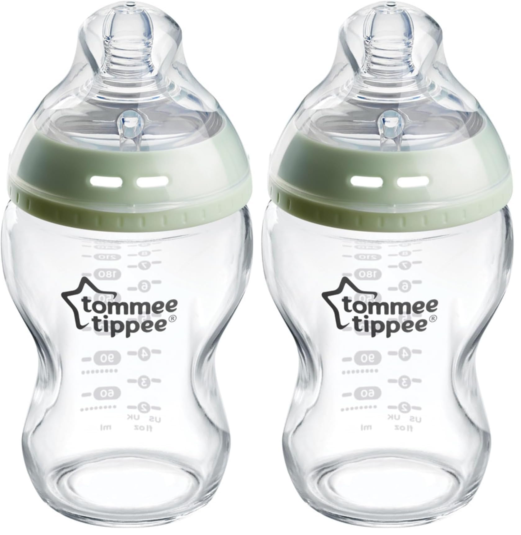Tommee Tippee Natural Start Anti-Colic Glass Baby Bottle, 250ml, 0+ Months, Slow Flow Breast-Like Teat for a Natural Latch, Anti-Colic Valve, Self-Sterilising, Pack of 2