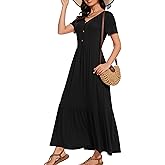 VIISHOW Women's Short Sleeve Maxi Dress 2026 Summer V Neck Knit Loose Plain Empire Waist Casual Dresses with Pockets