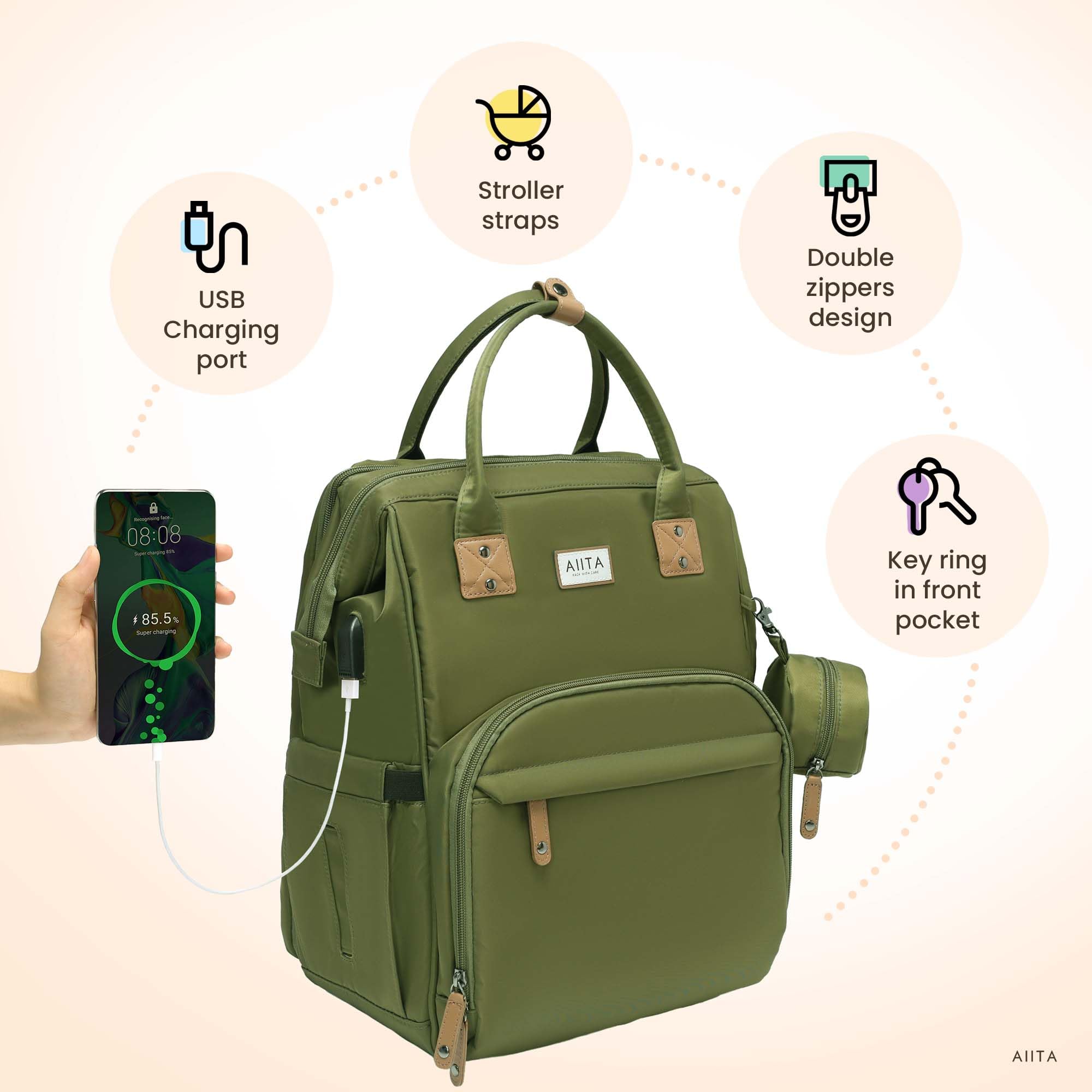 AIITA Diaper Bag Backpack, Multifunction Diaper Bag with Changing Pad, Baby Diaper Bags for Boys Girls, Stylish Large Capacity Travel Backpack for Moms Dads, Baby Shower Gifts,Unisex – Olive Green