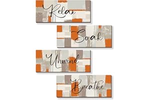 ONIZHITY 4 Pcs Orange Bathroom Decor Orange Wall Decor with Relax Soak Unwind Breathe Relaxing Quotes Abstract Wooden Hanging Wall Art Farmhouse Decoration for Bedroom Living Room Office (Orange 10X4 Inch)
