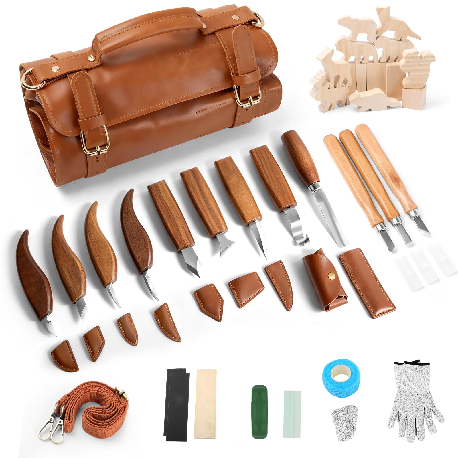 Wood Carving Kit,38pcs Wood Carving Tools with 9 Wood Carving Knives,3 Detail Knives,14 Basswood Blocks,Ergonomic Handle Design,Thick Leather Storage Bag,Whittling Kit for Beginners Adults Kids Hobby Image