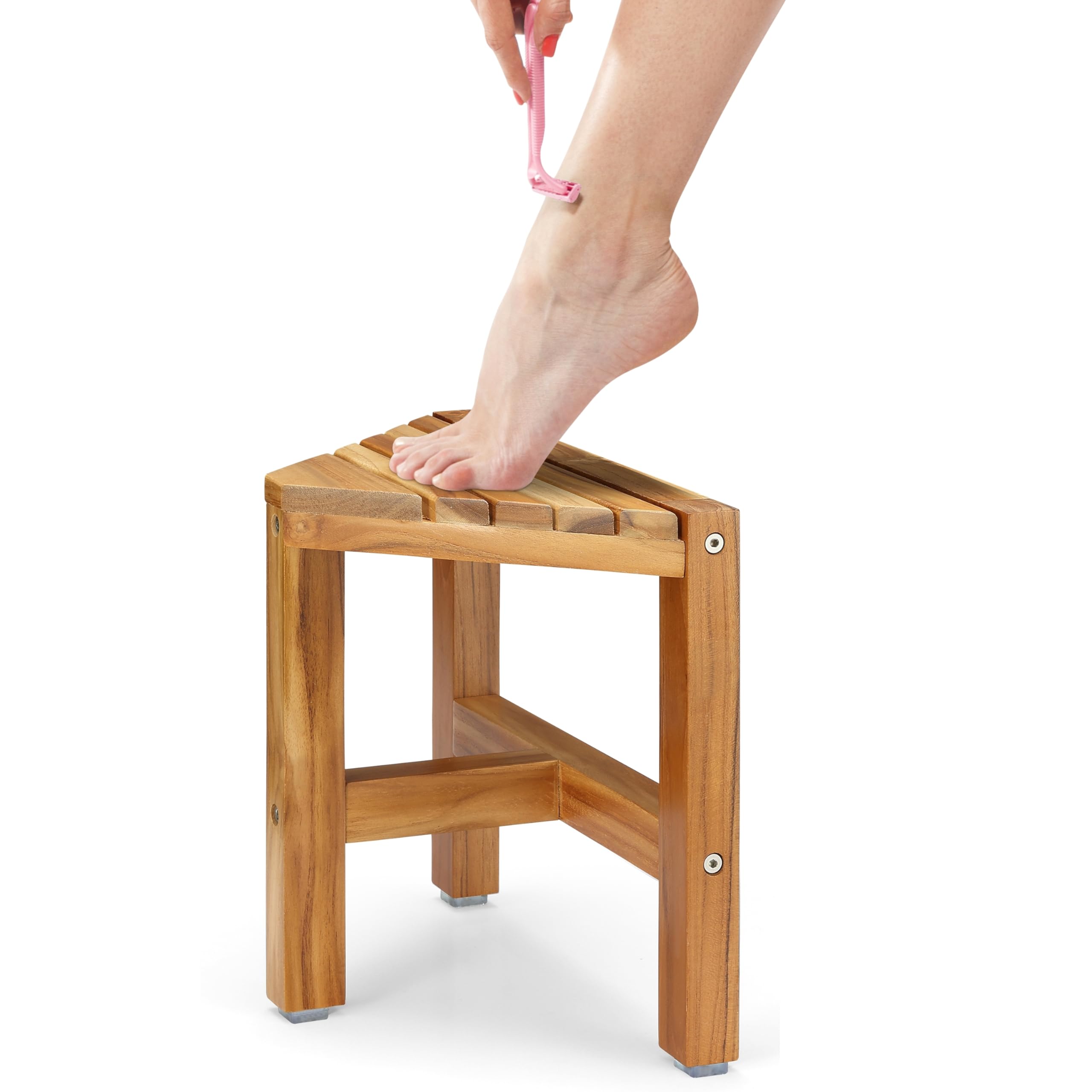 Photo 1 of PERFNIQUE Teak Shower Foot Rest, 12'' Teak Shower Stool for Shaving Legs, Small Waterproof Corner Shower Stool Bench for Inside Shower or Bathroom