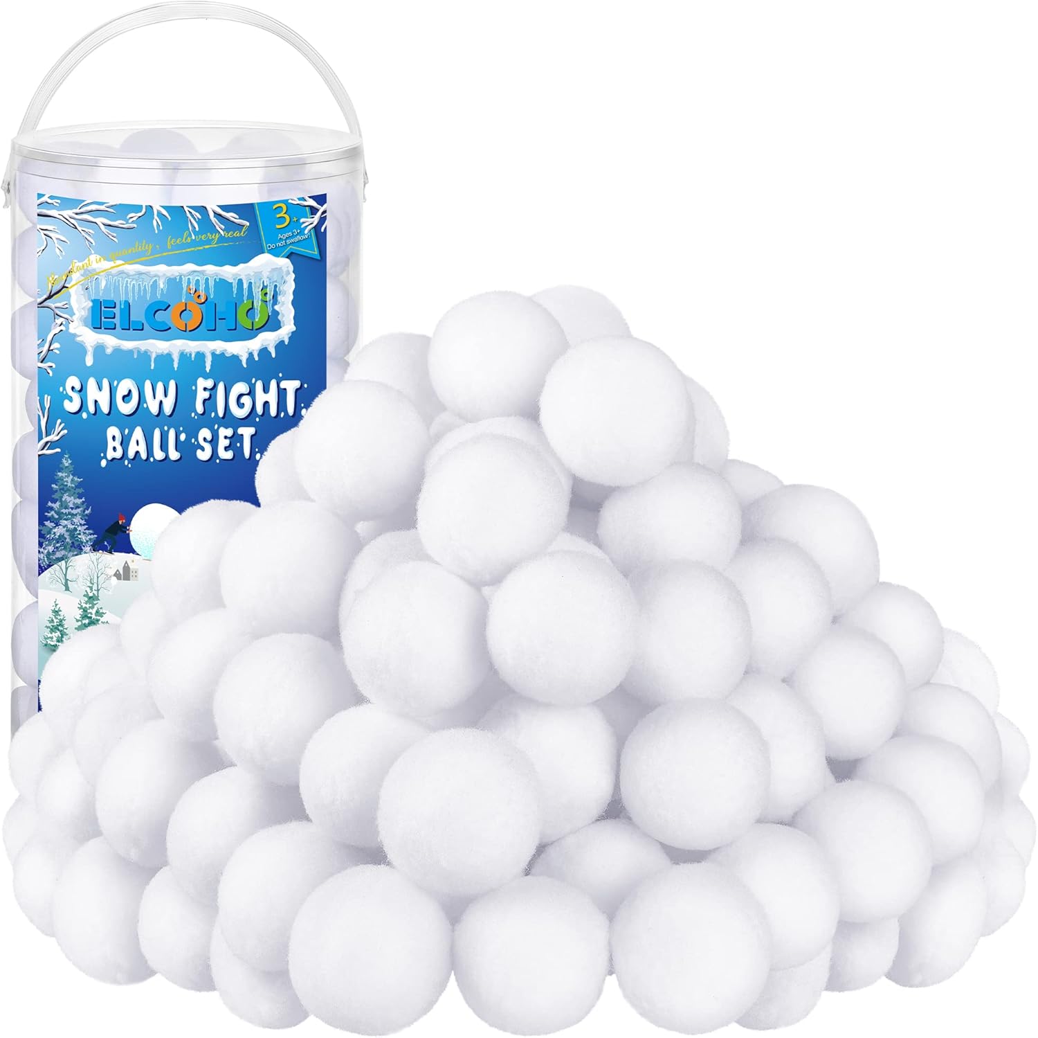 Artificial Snow - ELCOHO 100 Pieces Snow Fight Ball Set Artificial Snow Toss Ball Fake Winter Snow Fight Ball Fluffy Fun Stress Toys for Xmas Party Supplies Winter Snow Fight Games Indoors, 2 Inch