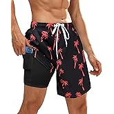 OlyPegic Mens Swim Trunks Bathing Suit Mens Swimwear Shorts Quick Dry with Compression Liner Beach Board with Zipper Pock