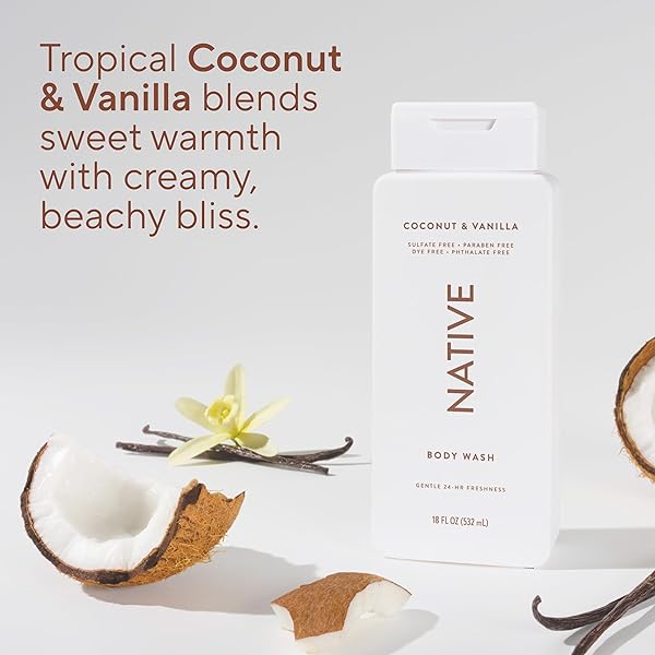 NATIVE BODY WASH CONTAINS NATURALLY DERIVED INGREDIENTS | FOR WOMEN & MEN, SULFATE, PARABEN, & DYE FREE LEAVING SKIN SOFT AND HYDRATED | COCONUT & VANILLA 18 OZ