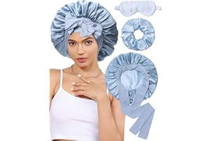 CHLINS 100% Mulberry Silk Bonnet for Sleeping Women Silk Hair Bonnet Elastic Tie Band with Silk Hair Scrunchies Silk Sleep Eye Mask(Mist Blue+Sky Blue)
