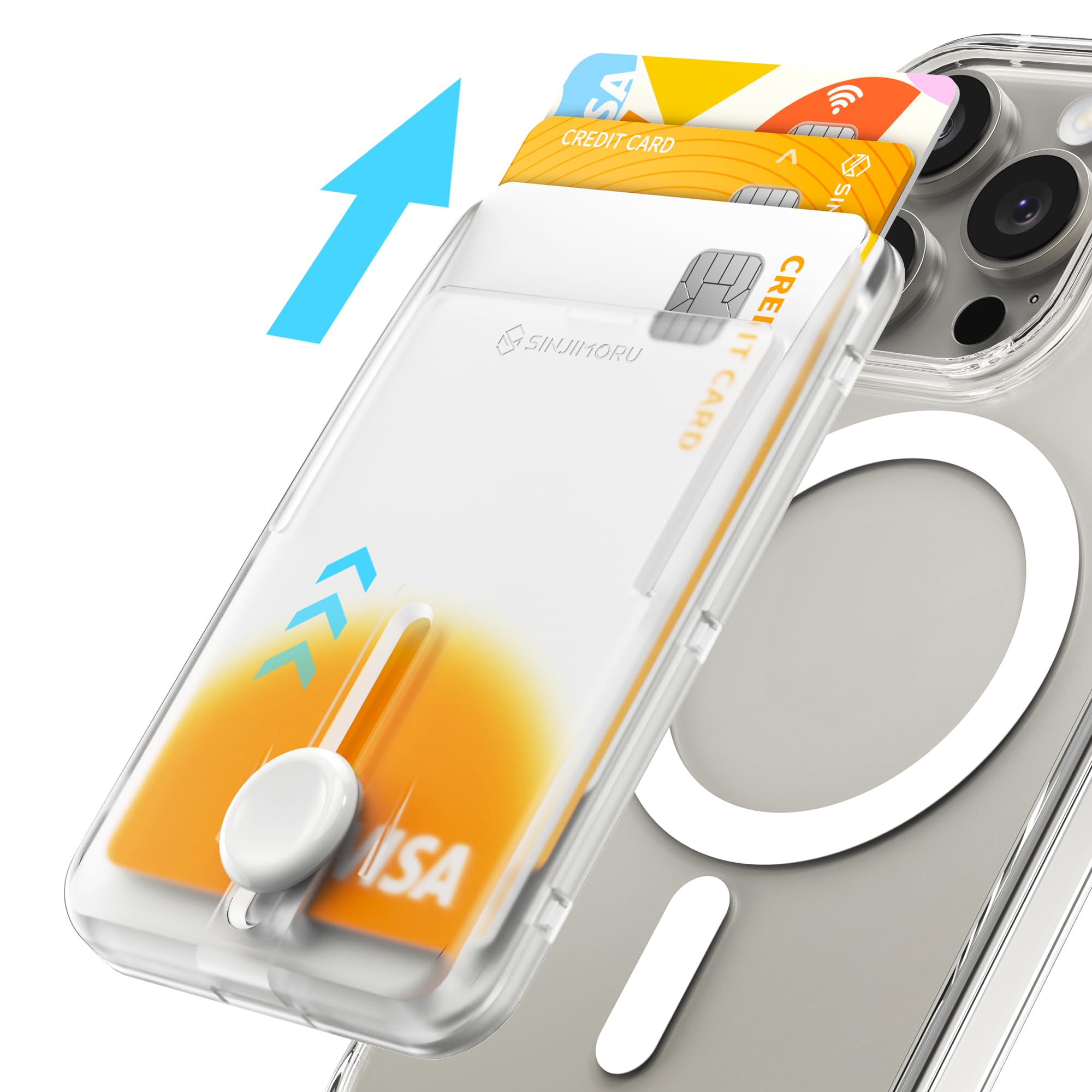 Sinjimoru Pop Up Phone Wallet for MagSafe, Magnetic Phone Credit Card Holder for Back of Cell Phone Case with Quick Access for iPhone 15 14 13 12 Series. M-Button Wallet Matte Clear