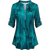 BEPEI Womens Floral 3/4 Sleeve Shirts Zip up V Neck Work Chiffon Blouses Top