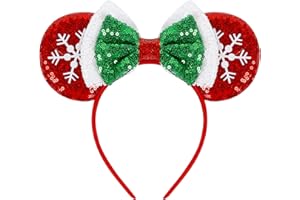WOVOWOVO Christmas Mouse Ears Headbands for Women, Bow Decoration Hairbands with Red Sequin and White Snowflake Headband Party Cosplay Hair Accessories Costume