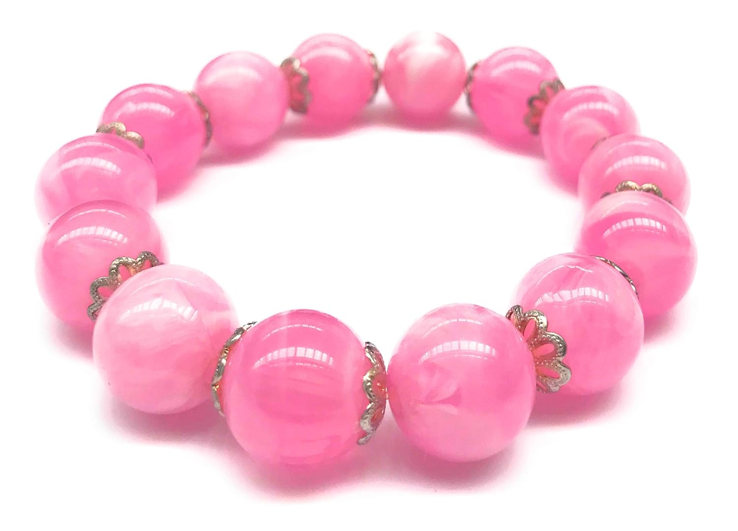 Pink Acrylic Marble Beaded Stretch Bracelet Silver Cross