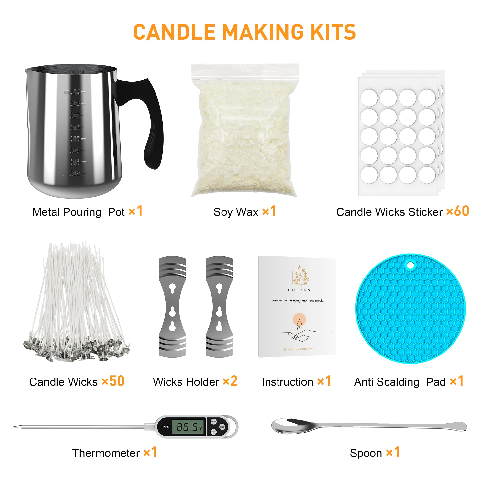 Ohcans Candle Making Kit Supplies for Beginners, Soy Wax DIY Candle Making for Adults, with 900ml Candle Make Pouring Pot, Candle Wicks, Wicks Sticker, Wicks Holder,Soy Candle Wax