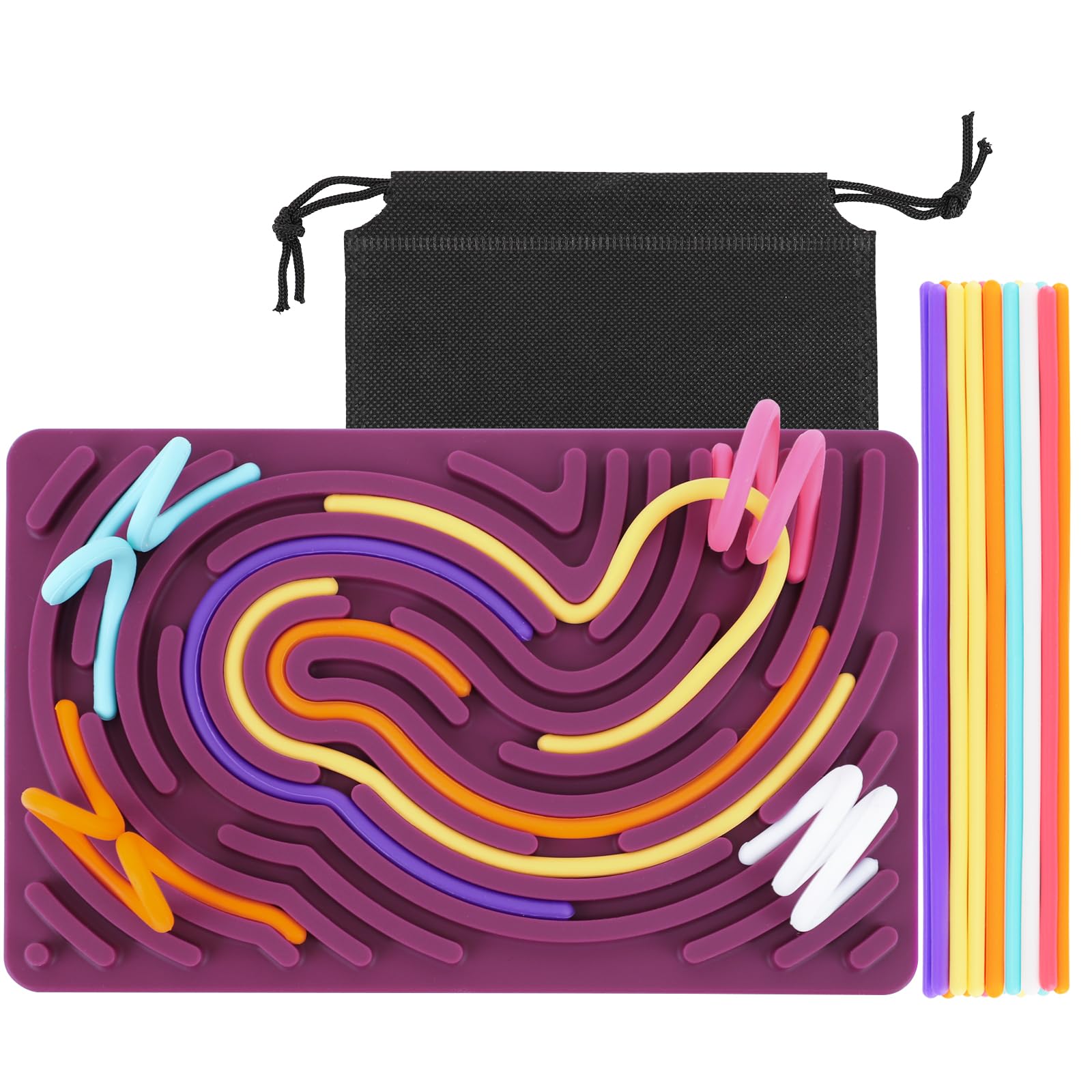 ddLUCK Sensory Activity Board, Silicone Fidget Toys for ADHD, Autism, Calm, Stress Relief and Focus, 6 Colors Double-side Sensory Travel Toy Carry Plane Play for Kids 3+ & Adults with 20 Strings