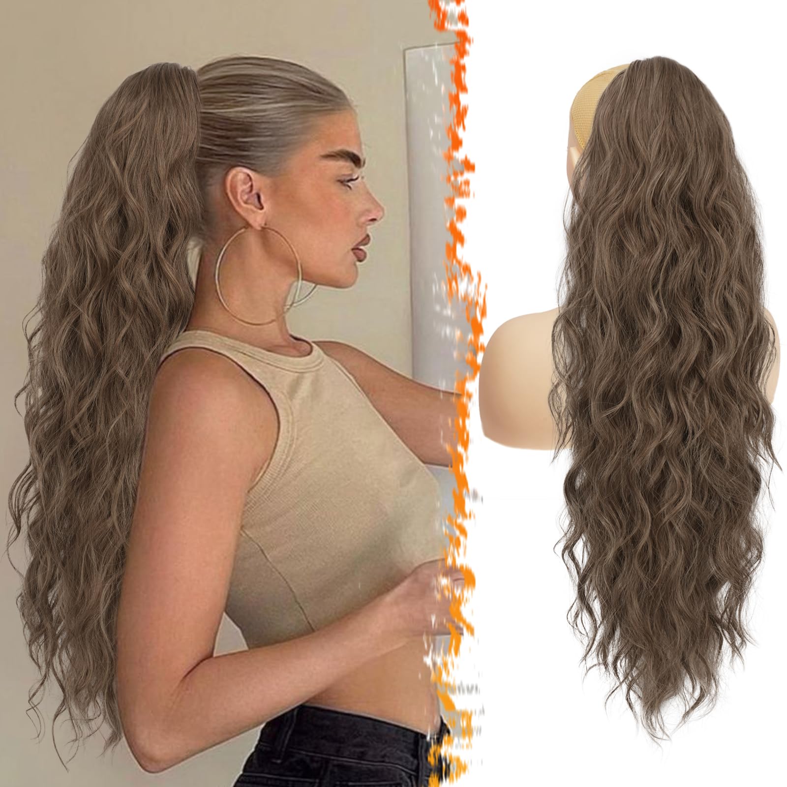 BARSDAR Drawstring Ash Brown Ponytail Extension, 26 Inch Long Curly Wavy Drawstring Ponytail Hair Extensions for Women, Synthetic Clip in Ponytail Hairpieces Fake Pony Tail Daily, Ash Brown Mixed