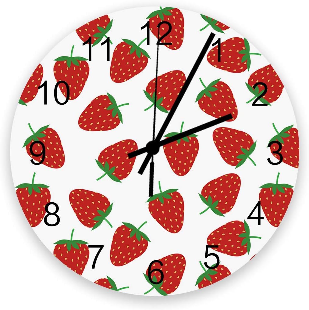 Modern Wall Clock Decor, Cartoon Fruit Strawberry, Large Wall Clocks(Silent) for Living Room/Bathroom/Kitchen, Battery Operated Indoor Outdoor Wood Round Wall Decorative, 12inch, Red White