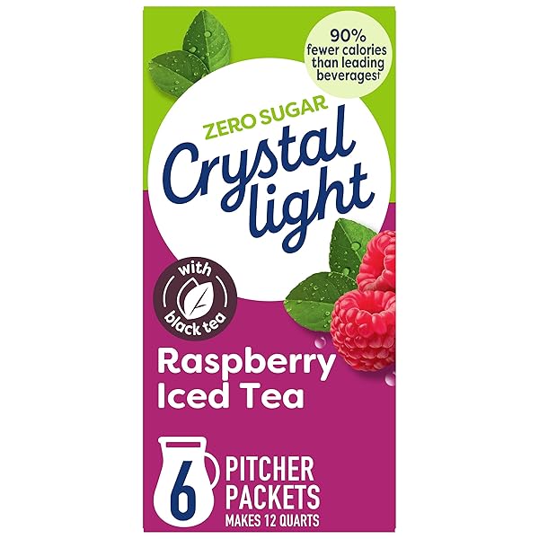 CRYSTAL LIGHT DRINK MIX, 6 PITCHER PACKETS, FOR FLAVORFUL HYDRATION AND SHAREABLE REFRESHMENT, RASPBERRY ICED TEA NATURAL FLAVOR WITH OTHER NATURAL FLAVOR, MADE WITH BLACK TEA, 1.6 OZ