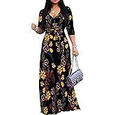 Women's Floral Print Maxi Dresses Plus Size 3/4 Sleeves Flowy Long Dress V Neck Sundress with Belted（Floral1 XL）