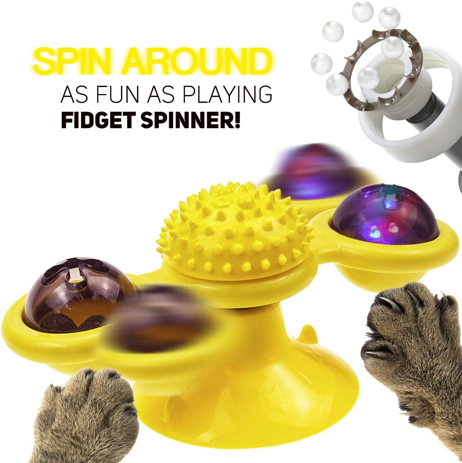 EJG Cat Interactive Rotate Windmill with Carnip and LED Light, self-Groomer Toothbrush Scratcher Games Home Training pet Toy Stress Anxiety Relief (Yellow) : Pet Supplies