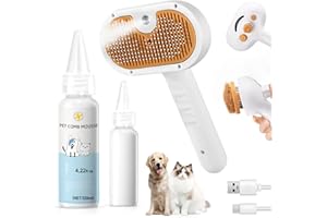 FASHIONARI Pet Steam Brush for Dog & Cat – 3-in-1 Spray Hair Removal Comb – Steam for Shedding & Grooming – Water Brush for Long & Short Haired Pets – Spritz Defur Comb – Includes Waterless Shampoo