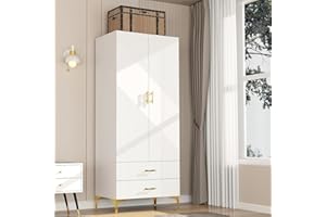 xiweot Wood White Wardrobe Closet with Drawaers: 2 Drawers and 2 Doors - Armoire with Hanging 1 Rod - Cabinet Handle with Metal Legs - Tall Armoire Wardrobe Closet with 20.4" D x 31.5" W x 76.8" H