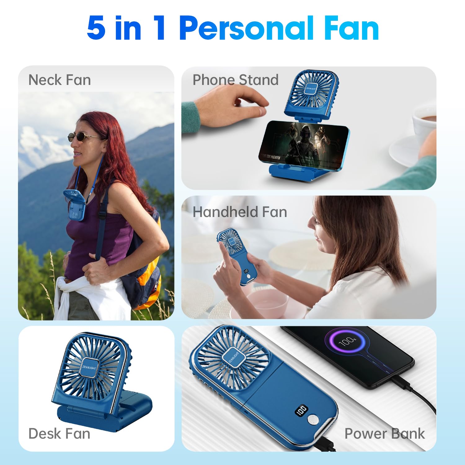 USB Rechargeable Upgraded 5-in-1 Portable Handheld Fan, Necklace Fan, Mini Desk Fan, Foldable Phone Stand, 4 Speeds Airflow, Quiet Personal Fans with LED Digital Screen (Blue)