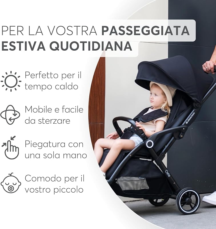 KikkaBoo Passeggino Leggero fino a 22 kg CIELA, Piegatura Automatica, Schienale Reclinabile, da Viaggio, Misura Bagaglio a Mano, Nero