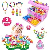 VERTOY Flower Garden Building Toy Set Bundle with Pop Beads Jewelry Making Kit, Best Gift for 3-6 Years Old Girls and Toddlers, Value 2 Packs