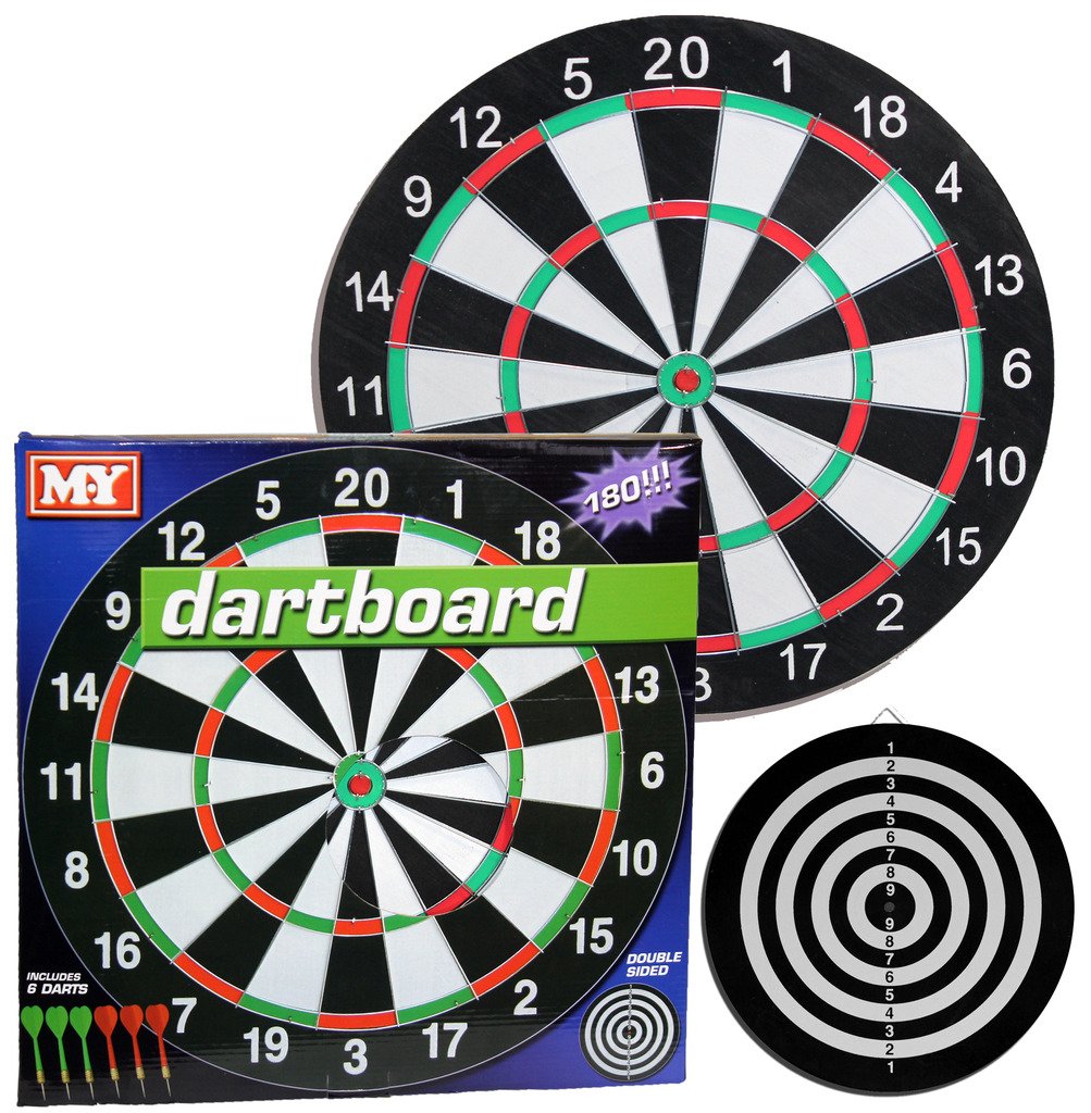 M.Y 17" Double Sided Dart Board with 6 Darts | Traditional Style Dart Board Darts Set