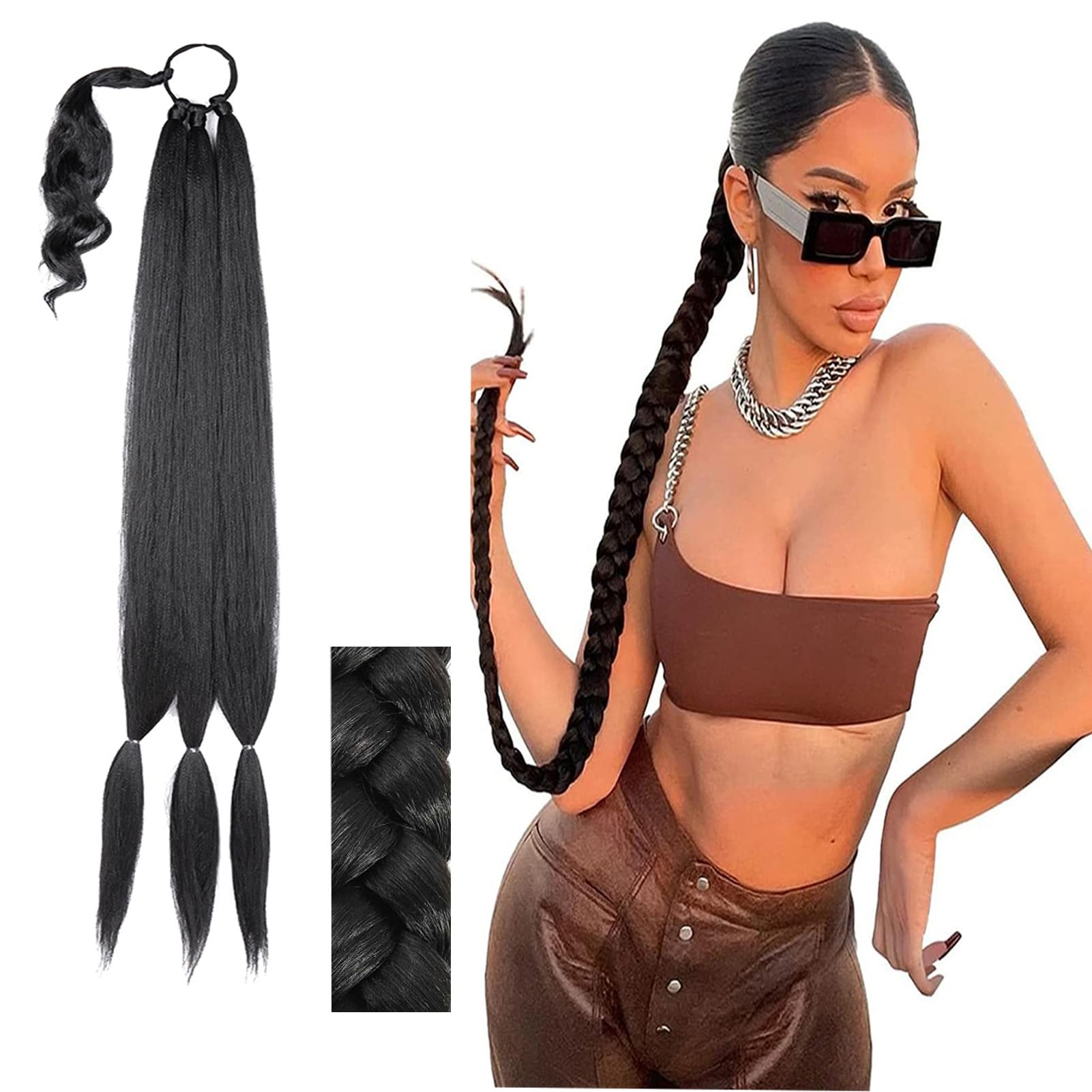 32inch Long Braid Ponytail Extension Straight Sleek Wrap Around Braid Hair Extensions Ponytail Synthetic Hair Pieces for Women Girls (Natural Black) โ image 1