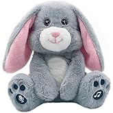 YH YUHUNG Easter Bunny Interactive Talking Plush Toy, Voice Repeat & Record, 10 Songs with Flapping Ears, Volume Control, Animated Stuffed Rabbit Easter Basket Gift for Toddlers Kids, Soft Gray