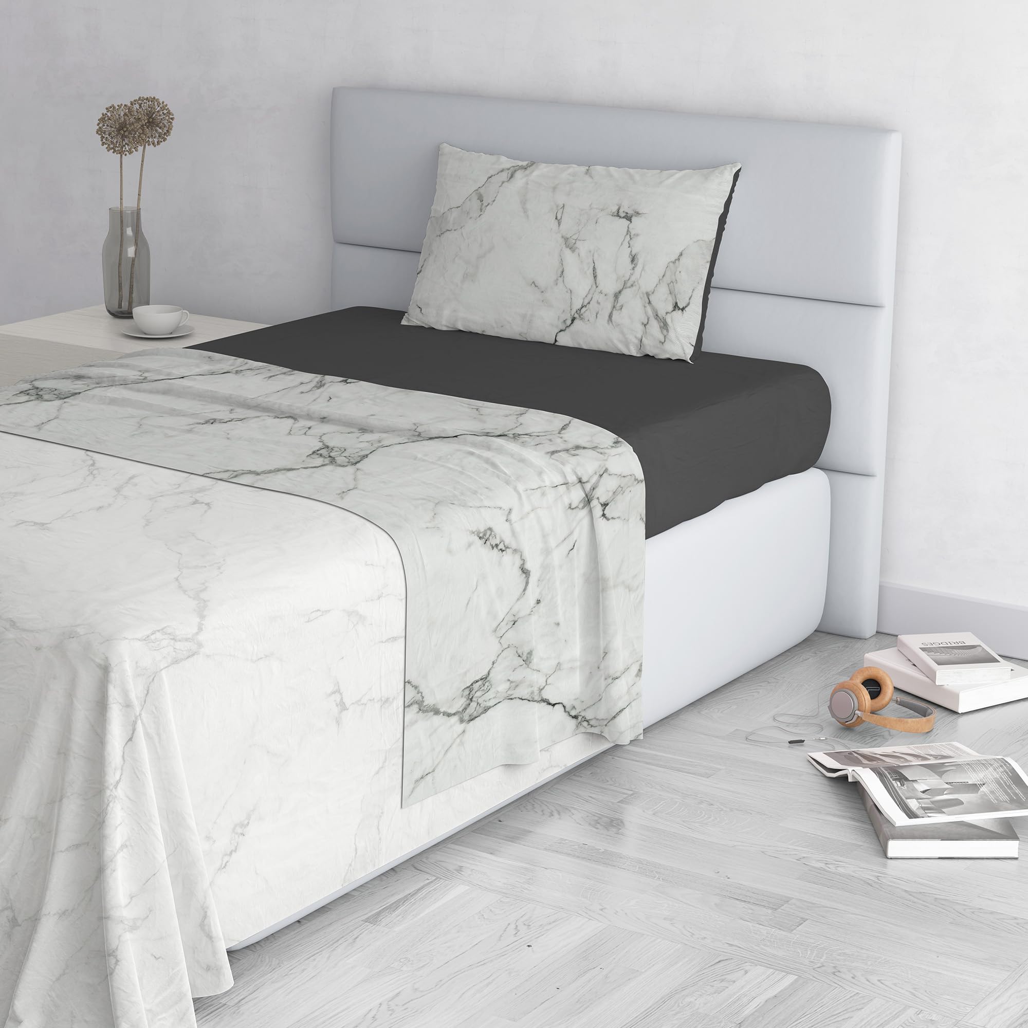 Fashion Bed Sheet Set, Made in Italy, Soft Microfibre Bed Set, Fitted Sheet, Top Sheet 150 x 270 cm and Pillowcase with Inner Flap, Single, Marble