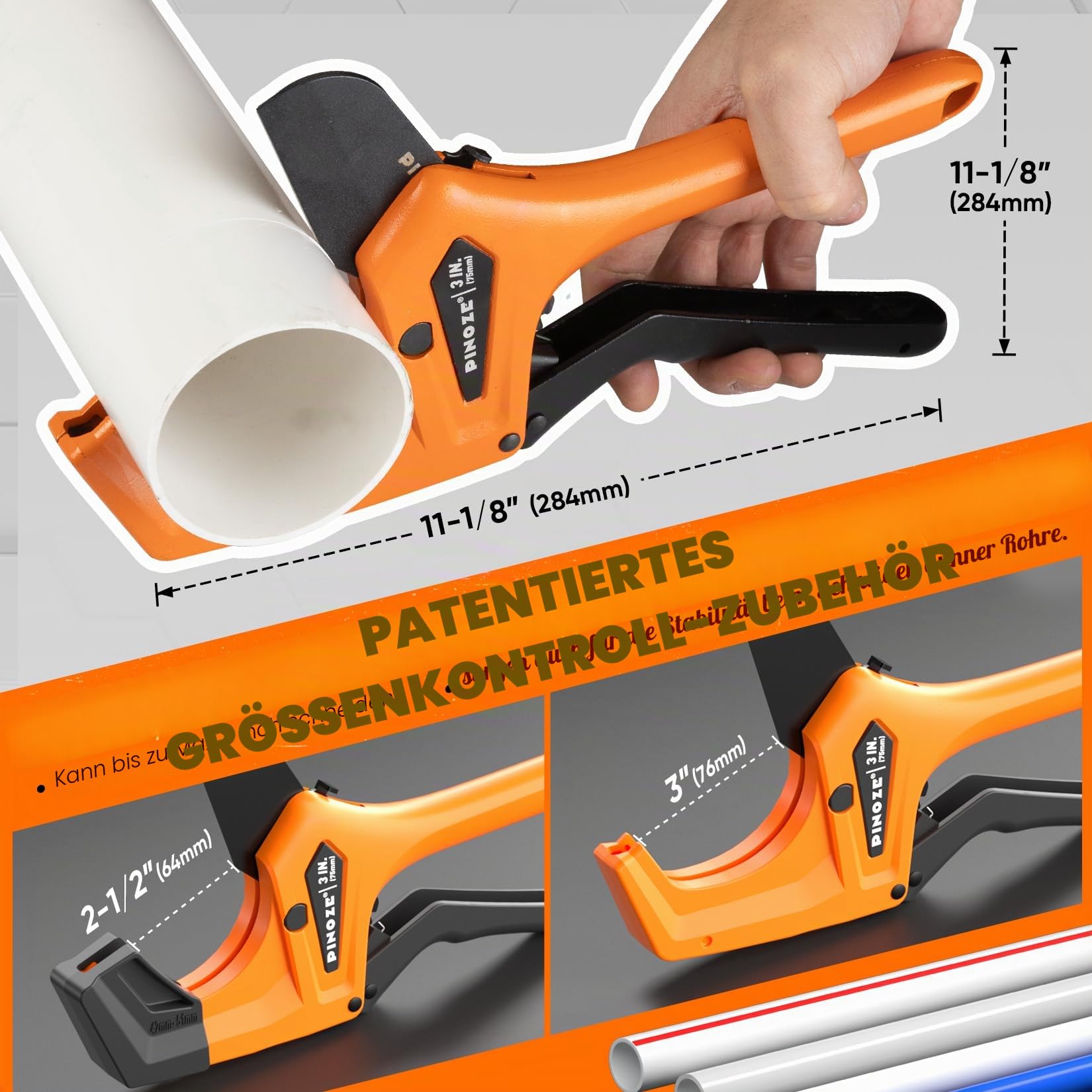PINOZE PVC-Rohrschneider – 76 mm maximale Öffnung, Hochleistungs-Ratschen-Rohrschneider mit Stabilisator für PVC, PPR, PE, PEX, Kunststoffschläuche und Sanitärrohre mit teflonbeschichteter SK5-Klinge 2