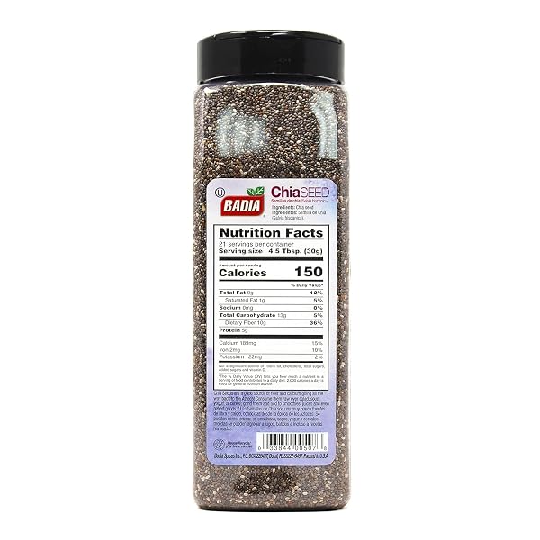 BADIA CHIA SEED, 22 OZ – HIGH FIBER, OMEGA-3, PROTEIN, ENERGY BOOST – SMOOTHIES, YOGURT, BAKING, OATMEAL