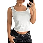 Verdusa Women's Rhinestone Tank Top Square Neck Crop Top Sleeveless Fitted Summer Shirts