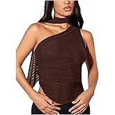 GORGLITTER Women's Halter Going Out Tank Top with Scarf One Shoulder Ruched Asymmetrical Crop Tops
