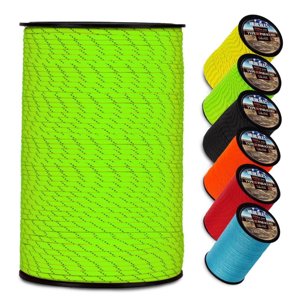 HERCULES 550 Paracord 4mm Type III 7 Strands Parachute Cord, 100' Reflective Neon Green Utility Rope for Crafting, DIY, Camping, Survival, Outdoor