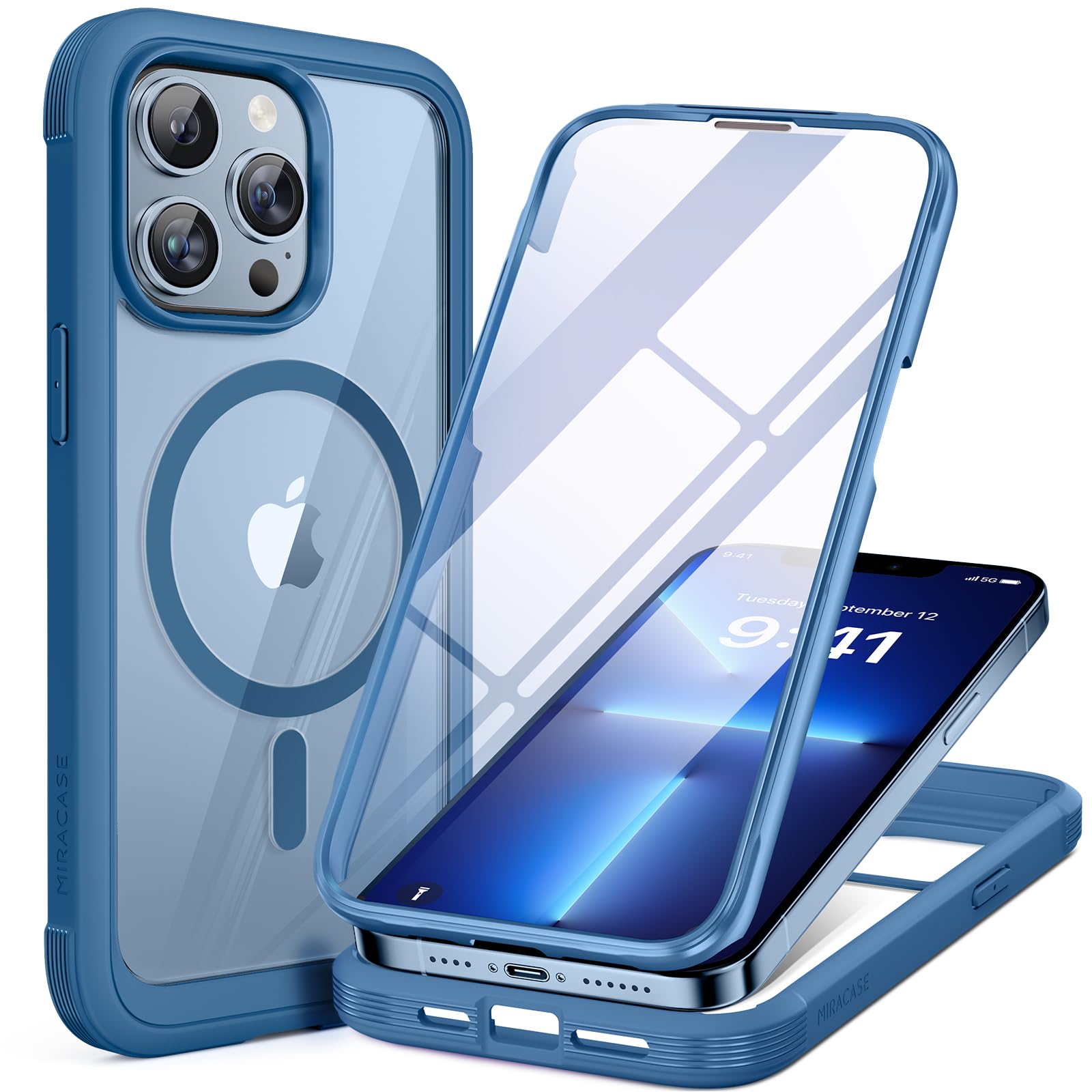 miracase Glass Case for iPhone 13 Pro Max 6.7 inch, 2023 Upgrade Full-Body Clear Bumper Case with Built-in 9H Tempered Glass Screen Protector, Capri Blue