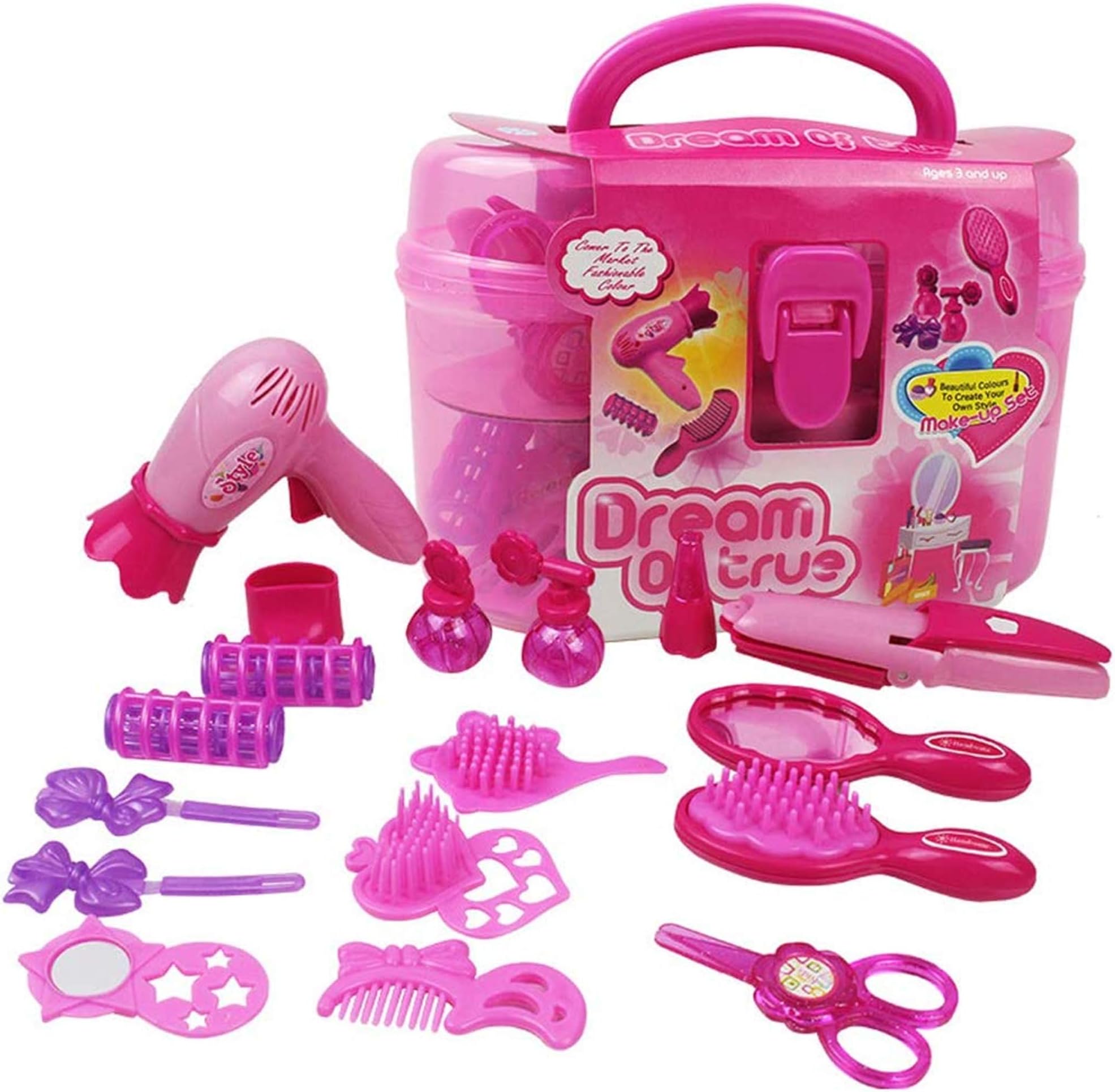 Qukueoy Kids Beauty Salon Set Toys 17pcs-Little Girl Makeup Kit Pretend Play Hair Station with Case, Imitated Hairdryer, Brush,Mirror & Styling Accessories
