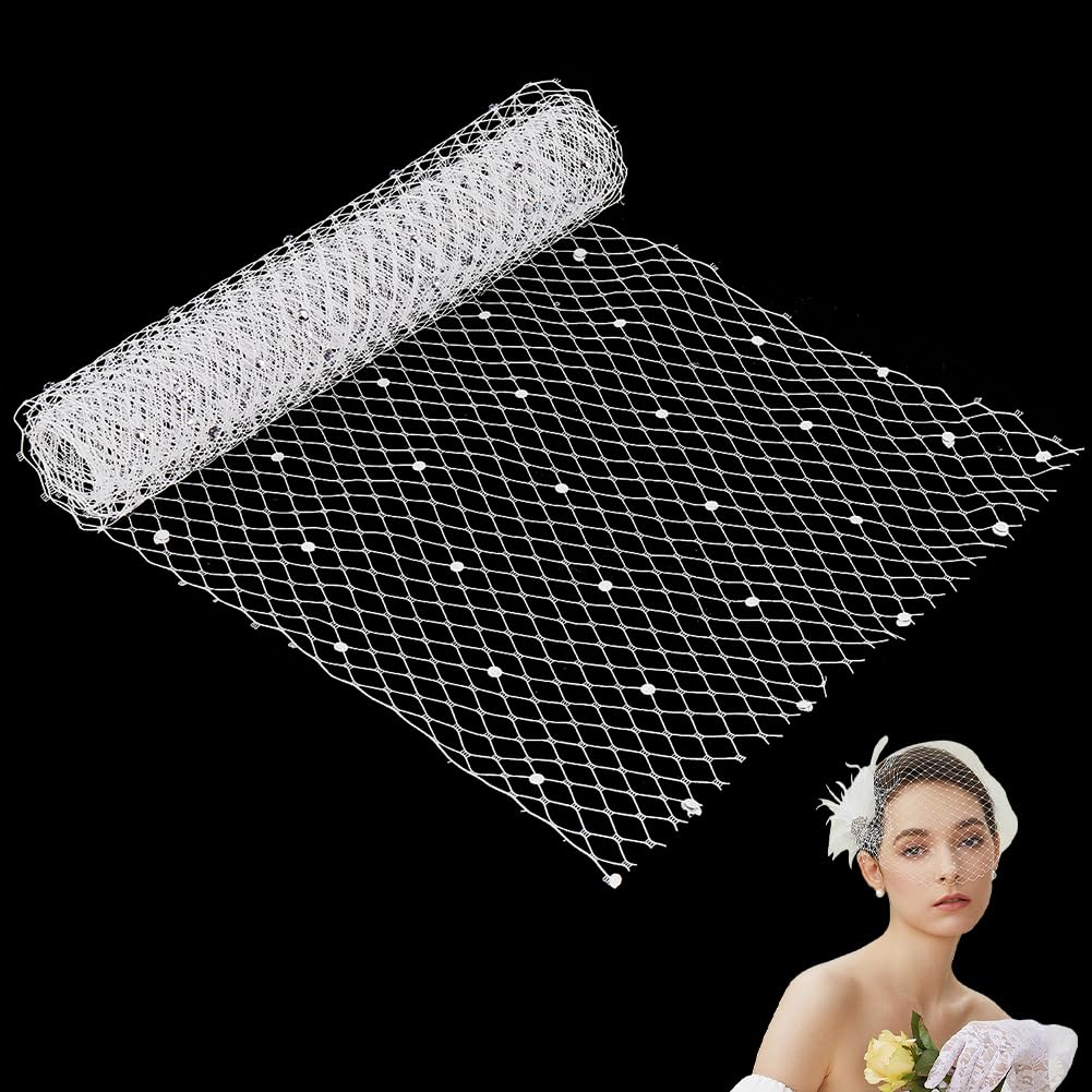 GORGECRAFT 1 Yard Rhinestone Mesh Netting Fabric 21cm Wide Birdcage Bridal Veil French Rhombus Headband Millinery Bride Hair Net Headdress Hat Decoration for Women Girls Wedding Tea Party White