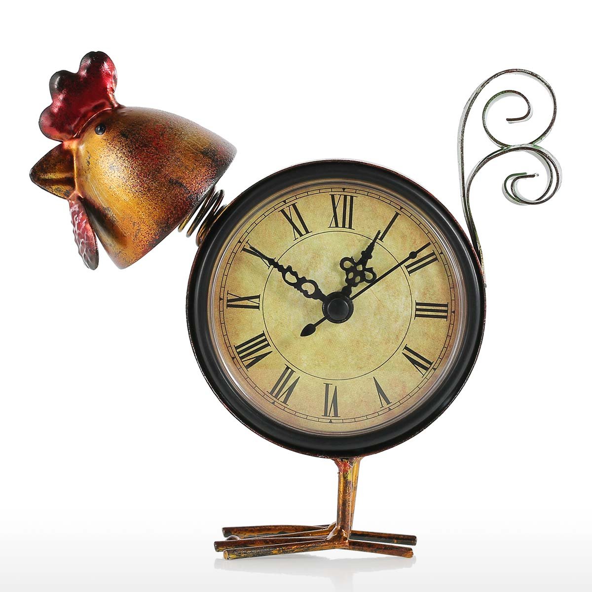 Tooarts Small Desk Clock Battery Operated Handmade Vintage Decorative Shelf Clock Metal Chicken Figurine Shaped