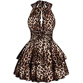 Floerns Women's Plus Size Cheetah Halter Short Dress Sleeveless Shirred Layered Ruffle Hem Y2k Going Out Mini Dresses