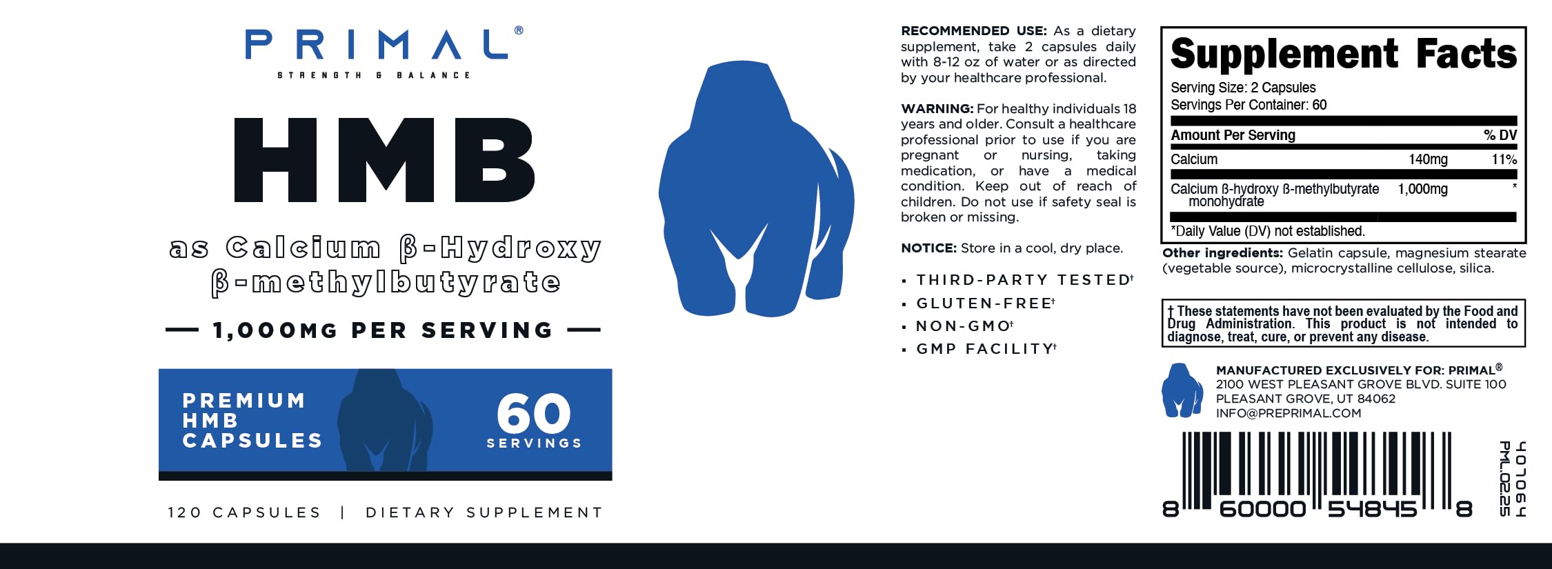 Primal HMB (1000mg, 120 Capsules) | Athlete Formula, Gluten-Free, Non-GMO, 60 Servings