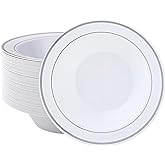 JOLLY PARTY 50 Plastic Bowls with Silver Rim-12oz Disposable Soup Bowls, Christmas Thanksgiving Premium Heavy Duty Plastic Dessert Bowls for Wedding/Party, Silver