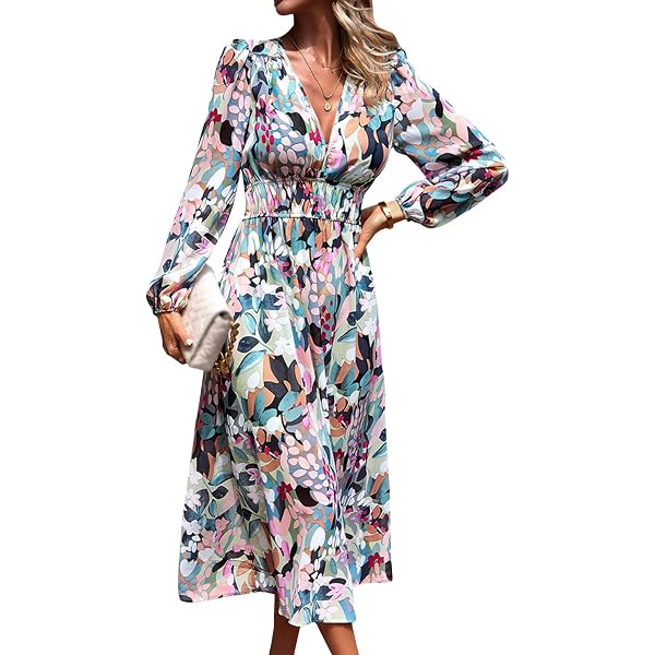 WDIRARA Women's Floral Flutter Sleeve Smocked V-Neck Midi Dress - A-Line Flare Summer Dress